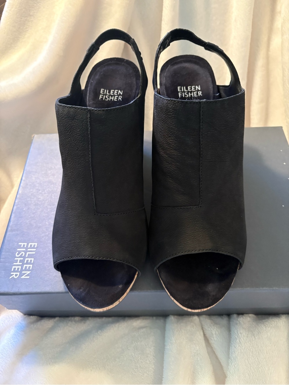 Eileen Fisher Black Peep-Toe Slingback Sandals